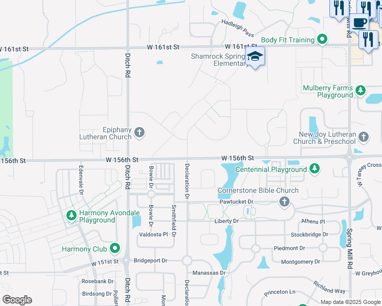 map of restaurants, bars, coffee shops, grocery stores, and more near 15611 West Rail Drive in Westfield