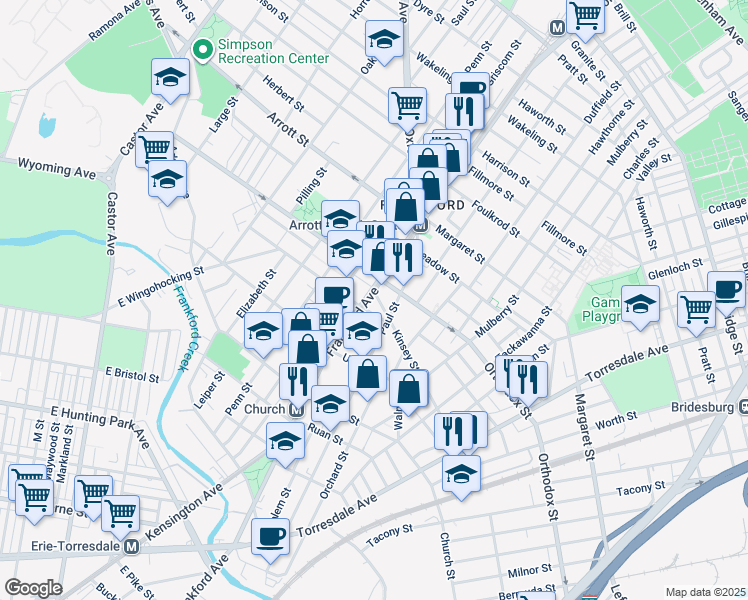 map of restaurants, bars, coffee shops, grocery stores, and more near 4517 Frankford Avenue in Philadelphia