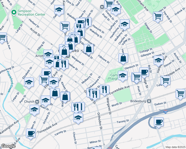 map of restaurants, bars, coffee shops, grocery stores, and more near 4673 Mulberry Street in Philadelphia