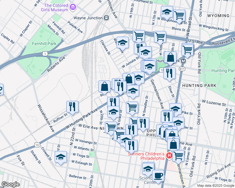 map of restaurants, bars, coffee shops, grocery stores, and more near 1907 West Hunting Park Avenue in Philadelphia