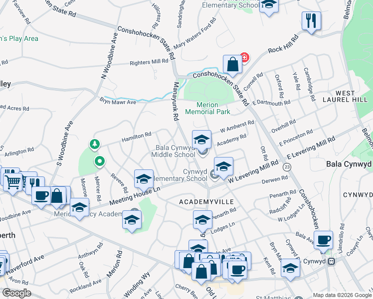map of restaurants, bars, coffee shops, grocery stores, and more near 540 Manayunk Road in Merion Station