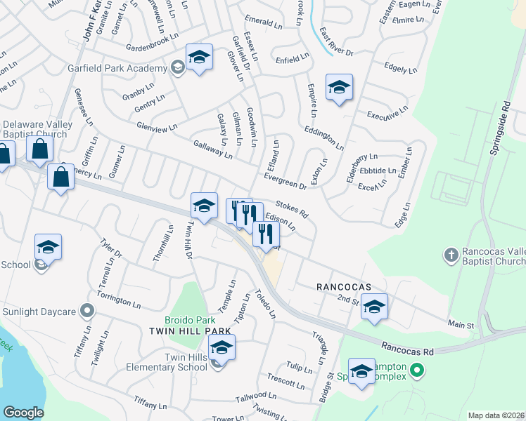 map of restaurants, bars, coffee shops, grocery stores, and more near 16 Edison Lane in Willingboro