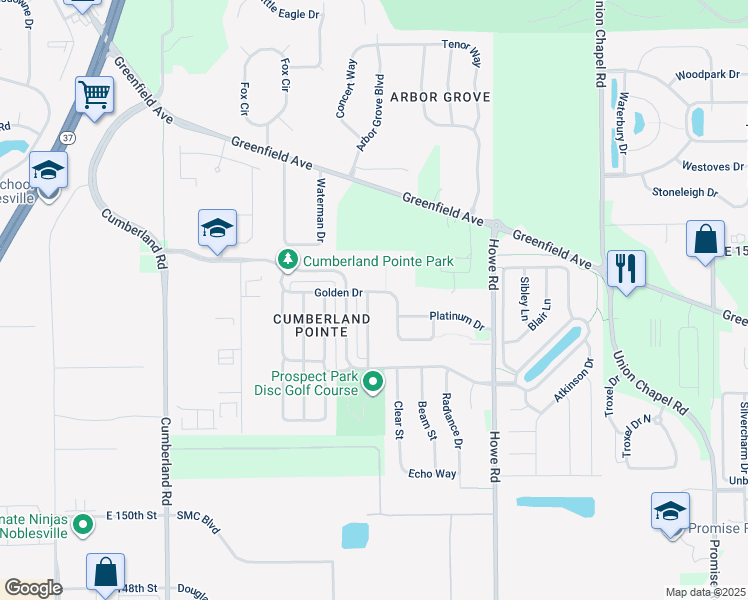 map of restaurants, bars, coffee shops, grocery stores, and more near 15498 Border Drive in Noblesville