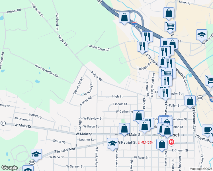 map of restaurants, bars, coffee shops, grocery stores, and more near 425 Felgar Road in Somerset