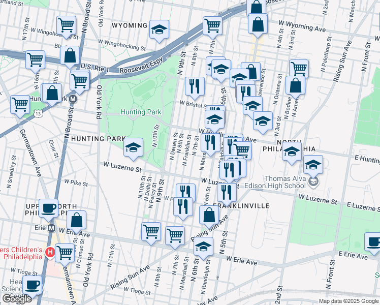 map of restaurants, bars, coffee shops, grocery stores, and more near 711 West Lycoming Street in Philadelphia