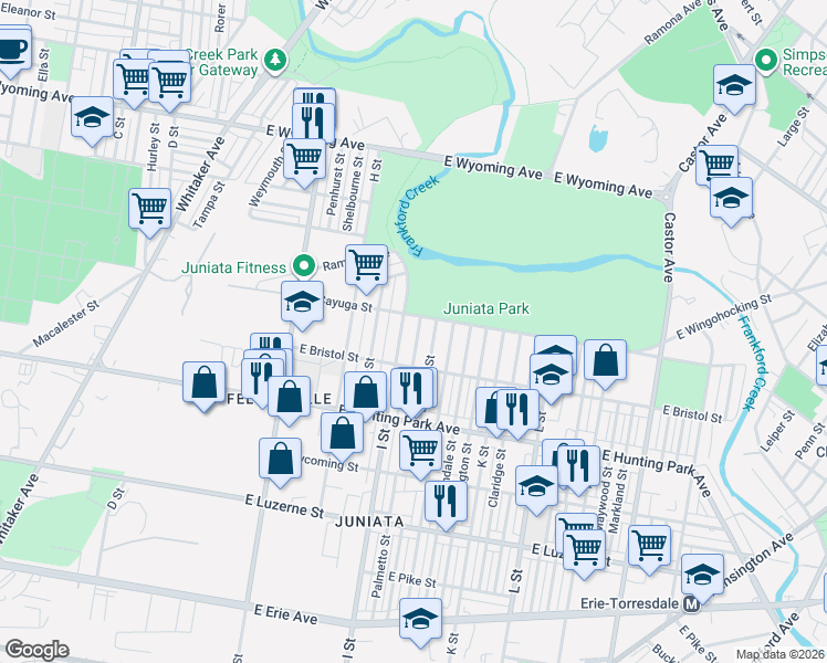 map of restaurants, bars, coffee shops, grocery stores, and more near 4332 Elsinore Street in Philadelphia