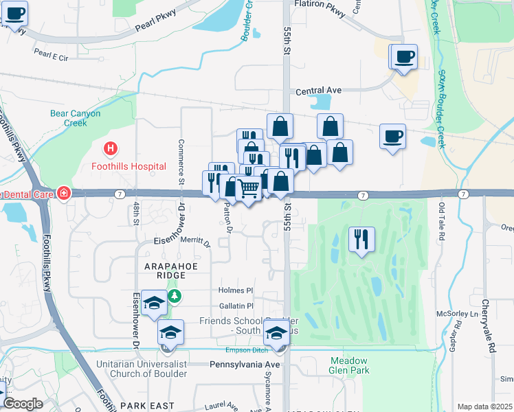 map of restaurants, bars, coffee shops, grocery stores, and more near 5360 Arapahoe Avenue in Boulder