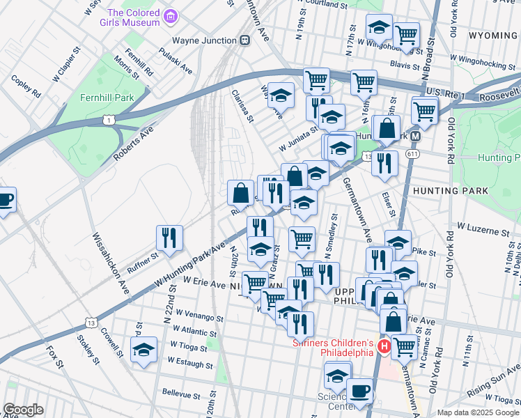 map of restaurants, bars, coffee shops, grocery stores, and more near 3926 Alfred Street in Philadelphia