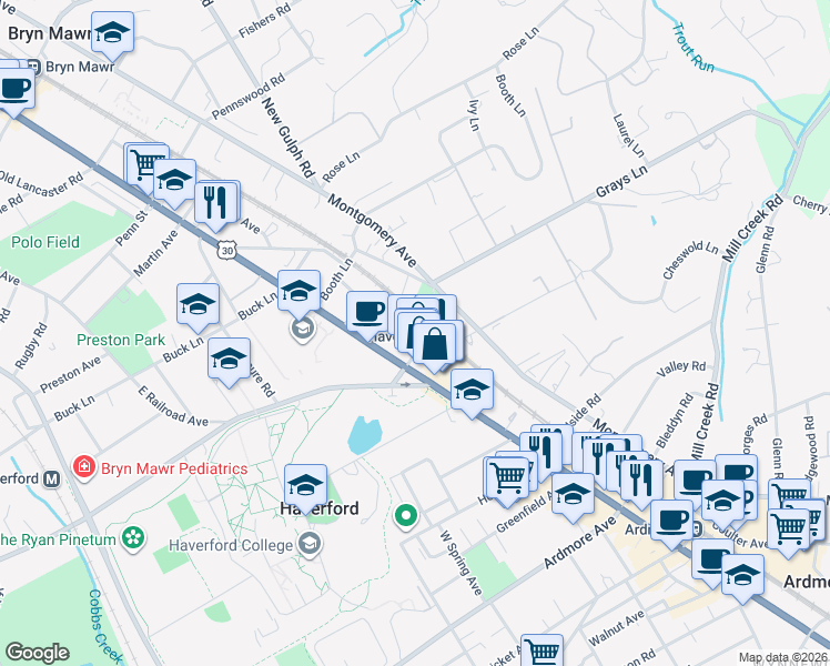 map of restaurants, bars, coffee shops, grocery stores, and more near 408 Berkley Road in Haverford
