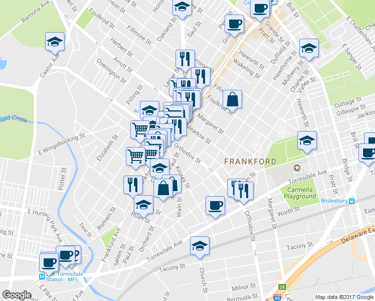 map of restaurants, bars, coffee shops, grocery stores, and more near 1655 Orthodox Street in Philadelphia