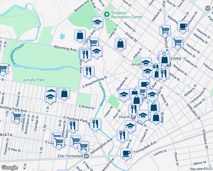 map of restaurants, bars, coffee shops, grocery stores, and more near 1236 Adams Avenue in Philadelphia
