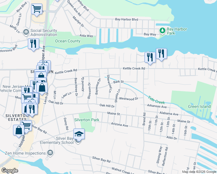 map of restaurants, bars, coffee shops, grocery stores, and more near 123 Sherwood Lane in Toms River