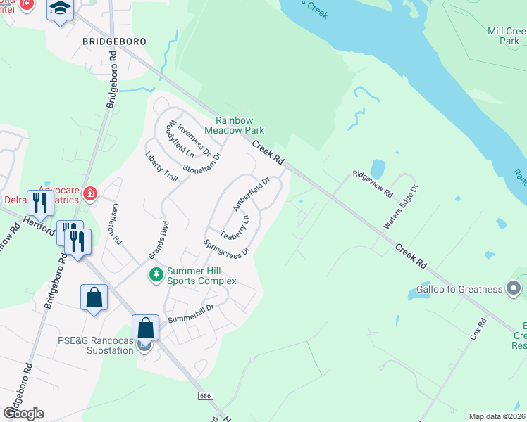 map of restaurants, bars, coffee shops, grocery stores, and more near 73 Springcress Drive in Delran