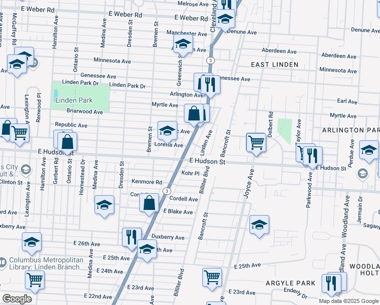 map of restaurants, bars, coffee shops, grocery stores, and more near 2310 Cleveland Avenue in Columbus