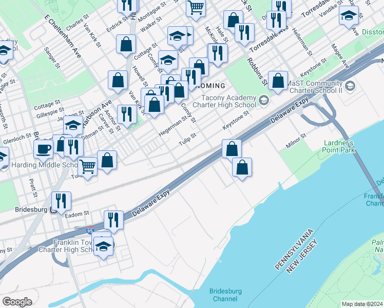 map of restaurants, bars, coffee shops, grocery stores, and more near 5827 Keystone Street in Philadelphia