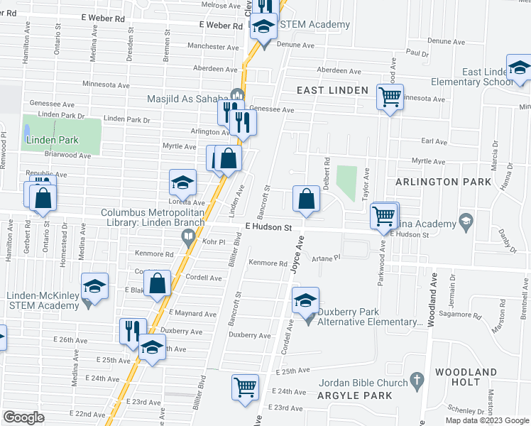 map of restaurants, bars, coffee shops, grocery stores, and more near 2294 Bancroft Street in Columbus