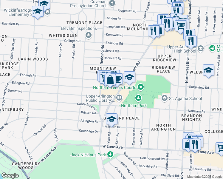 map of restaurants, bars, coffee shops, grocery stores, and more near 2110 Tremont Center in Upper Arlington