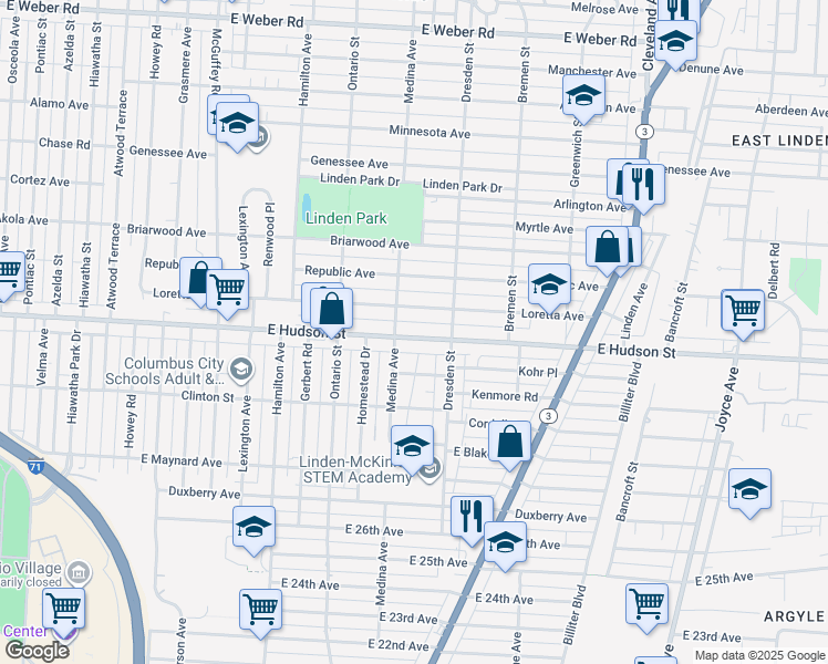 map of restaurants, bars, coffee shops, grocery stores, and more near 1348 East Hudson Street in Columbus