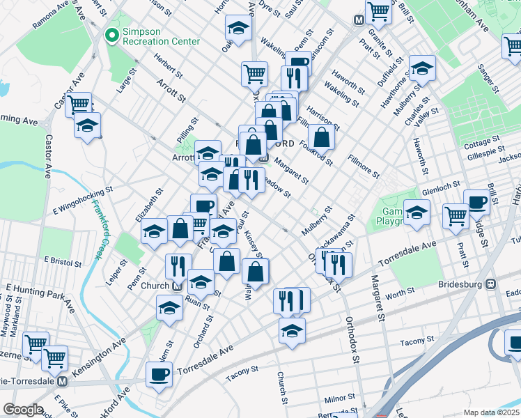 map of restaurants, bars, coffee shops, grocery stores, and more near 1655 Orthodox Street in Philadelphia