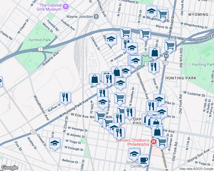 map of restaurants, bars, coffee shops, grocery stores, and more near 1903 West Hunting Park Avenue in Philadelphia