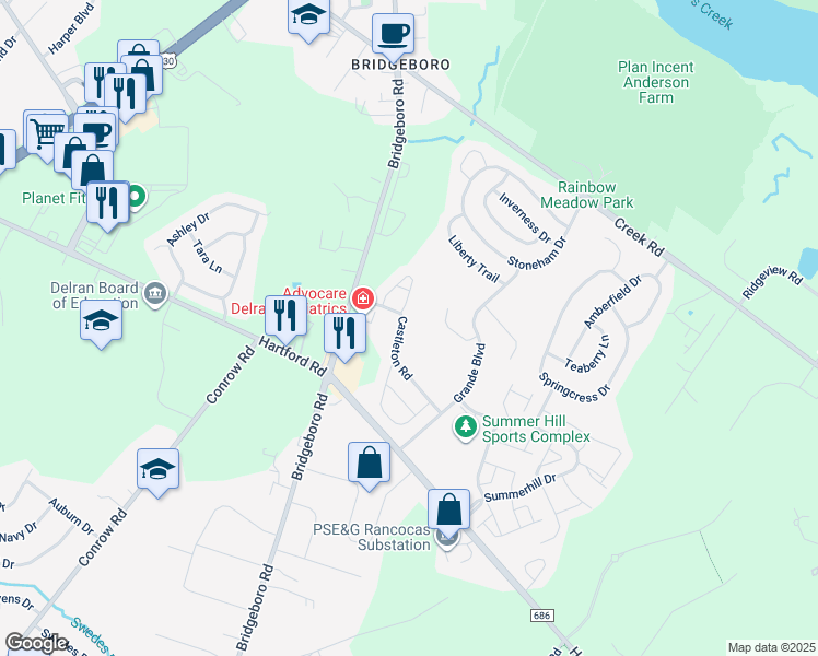 map of restaurants, bars, coffee shops, grocery stores, and more near 163 Castleton Road in Riverside