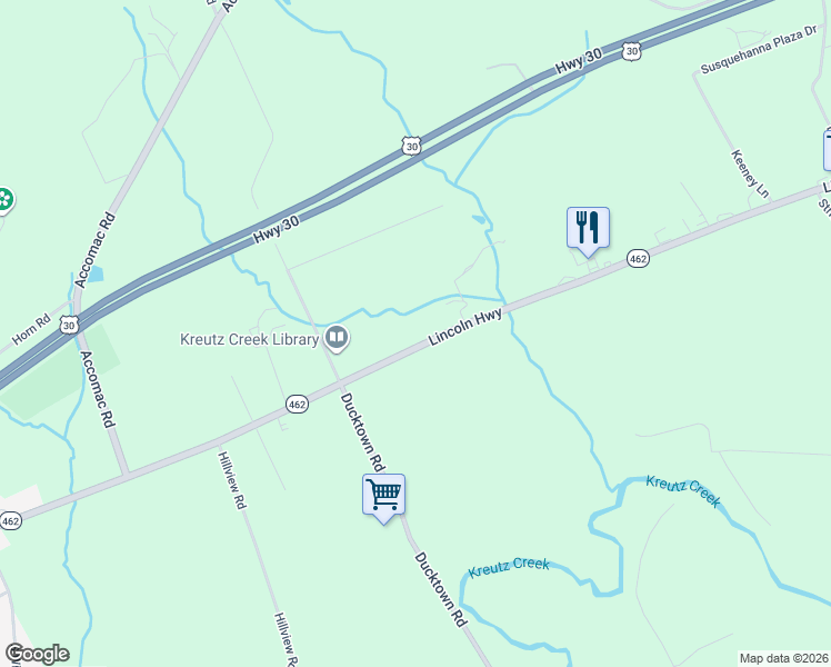 map of restaurants, bars, coffee shops, grocery stores, and more near 5579 Lincoln Hwy in York