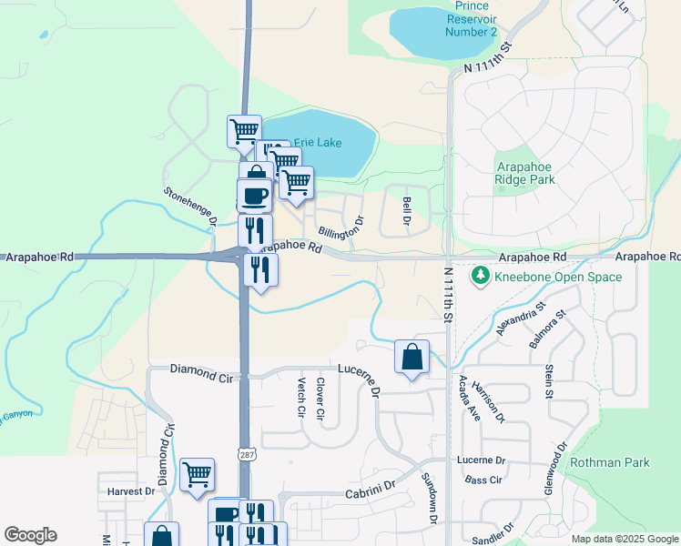 map of restaurants, bars, coffee shops, grocery stores, and more near 10820-10848 Arapahoe Road in Lafayette