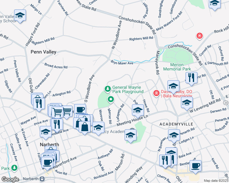 map of restaurants, bars, coffee shops, grocery stores, and more near 548 Prescott Road in Merion Station