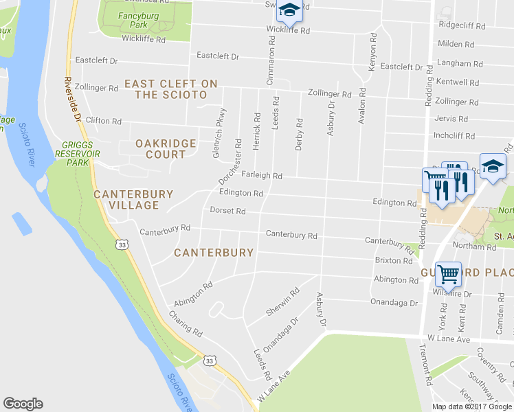 map of restaurants, bars, coffee shops, grocery stores, and more near 2925 Leeds Road in Columbus