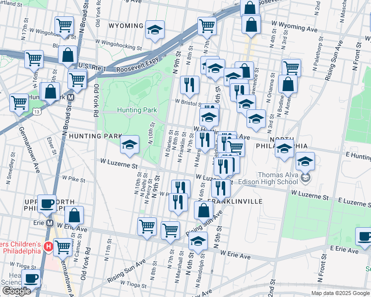 map of restaurants, bars, coffee shops, grocery stores, and more near 709 W Lycoming St in Philadelphia