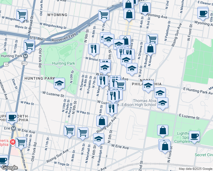 map of restaurants, bars, coffee shops, grocery stores, and more near 4119 North 6th Street in Philadelphia