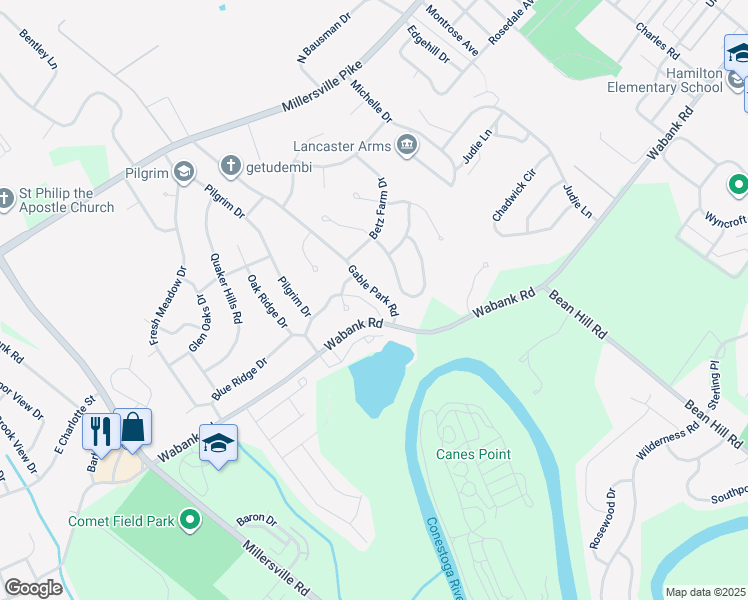 map of restaurants, bars, coffee shops, grocery stores, and more near 16 Park Lane in Lancaster