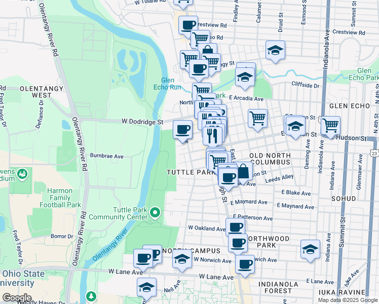 map of restaurants, bars, coffee shops, grocery stores, and more near Neil Avenue & West Hudson Street in Columbus