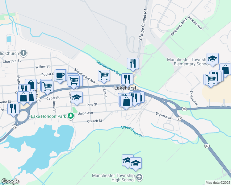 map of restaurants, bars, coffee shops, grocery stores, and more near 103 Hibernia Ave in Lakehurst