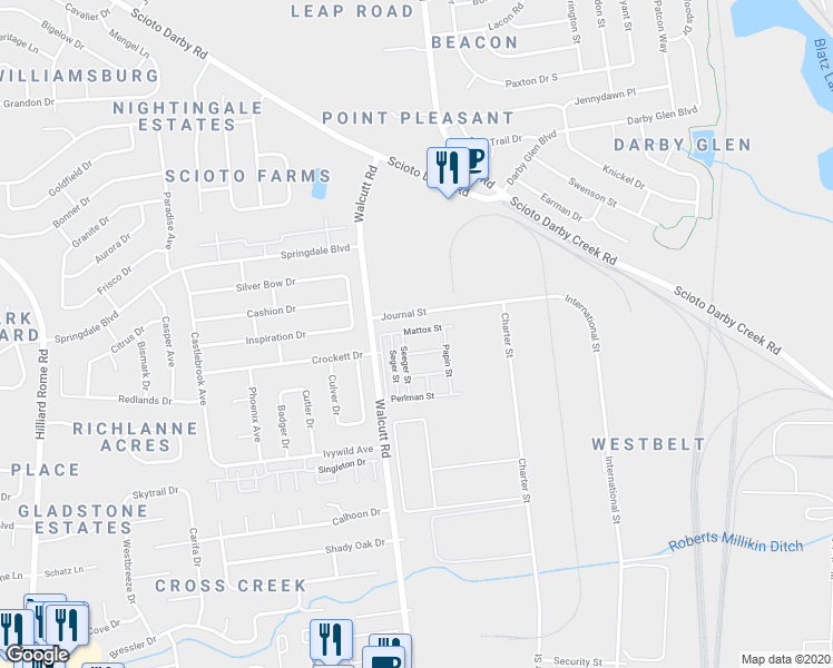map of restaurants, bars, coffee shops, grocery stores, and more near 4791 Mattox Street in Columbus
