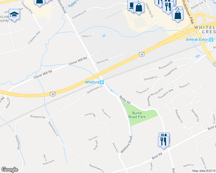 map of restaurants, bars, coffee shops, grocery stores, and more near 1573 South Whitford Road in Exton