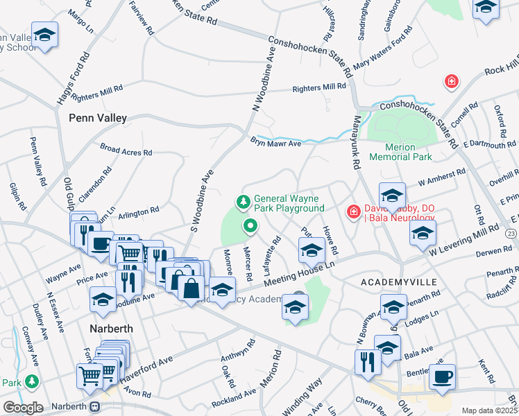 map of restaurants, bars, coffee shops, grocery stores, and more near 548 Prescott Road in Merion Station