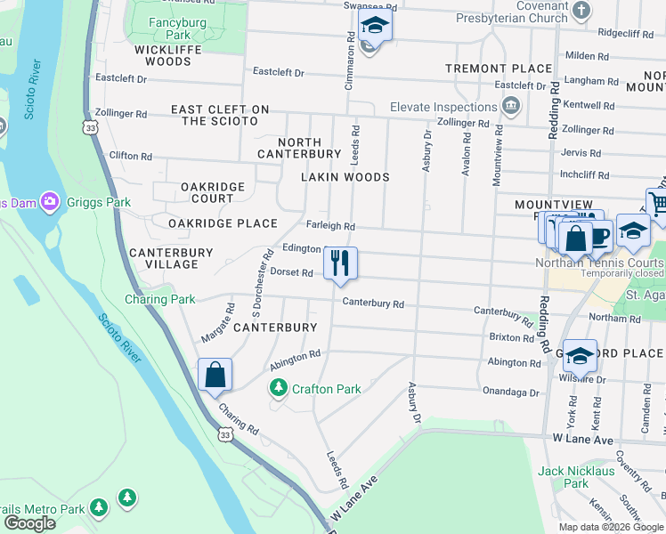 map of restaurants, bars, coffee shops, grocery stores, and more near 2925 Leeds Road in Columbus