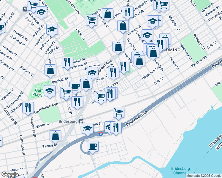 map of restaurants, bars, coffee shops, grocery stores, and more near 5441 Torresdale Avenue in Philadelphia