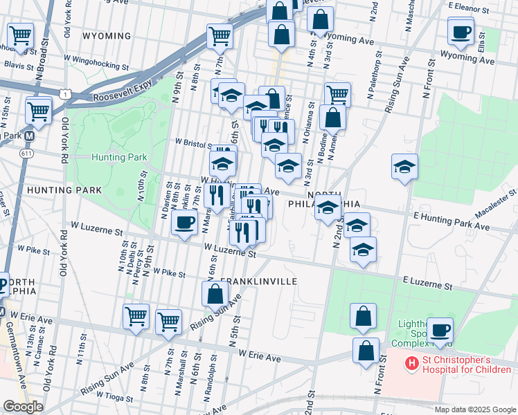 map of restaurants, bars, coffee shops, grocery stores, and more near 4133 North 5th Street in Philadelphia