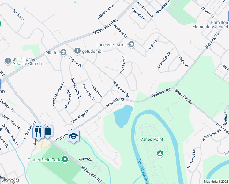 map of restaurants, bars, coffee shops, grocery stores, and more near 7 Cold Stream Drive in Lancaster