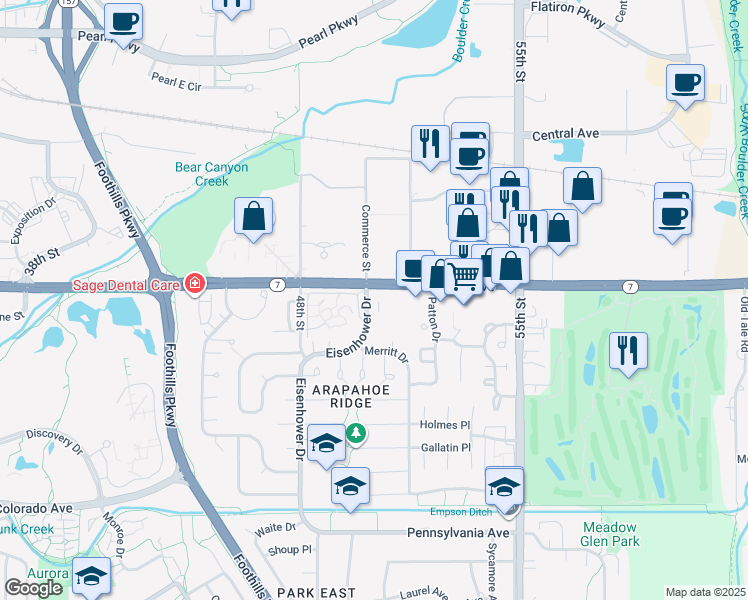 map of restaurants, bars, coffee shops, grocery stores, and more near 1550 Eisenhower Drive in Boulder
