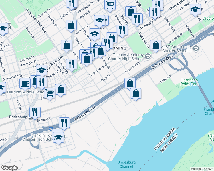map of restaurants, bars, coffee shops, grocery stores, and more near 5827 Keystone Street in Philadelphia