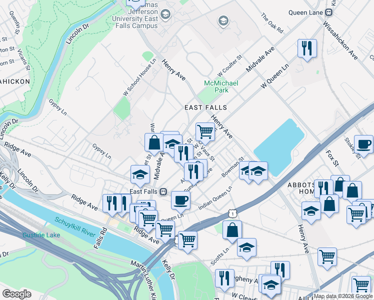 map of restaurants, bars, coffee shops, grocery stores, and more near 3450 West Penn Street in Philadelphia
