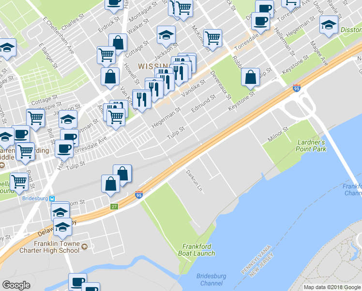 map of restaurants, bars, coffee shops, grocery stores, and more near 5831 Keystone Street in Philadelphia