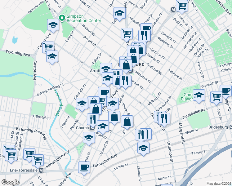 map of restaurants, bars, coffee shops, grocery stores, and more near 1617 Kinsey Street in Philadelphia