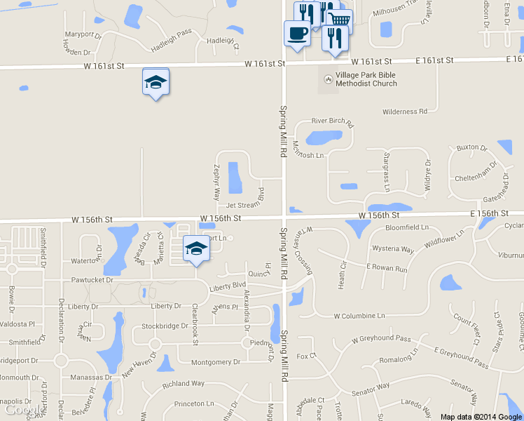 map of restaurants, bars, coffee shops, grocery stores, and more near 533 Jet Stream Boulevard in Westfield