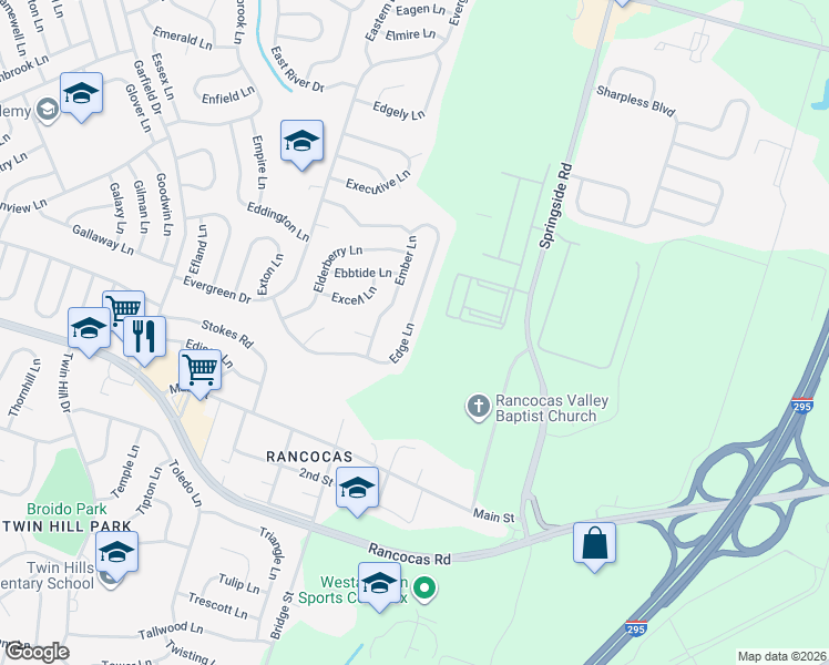 map of restaurants, bars, coffee shops, grocery stores, and more near 103 Edge Lane in Willingboro