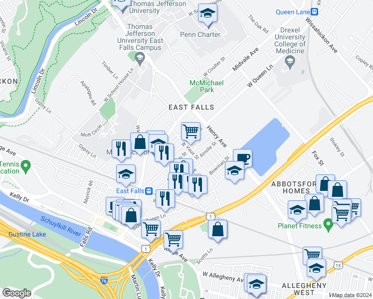 map of restaurants, bars, coffee shops, grocery stores, and more near 3405 Tilden Street in Philadelphia