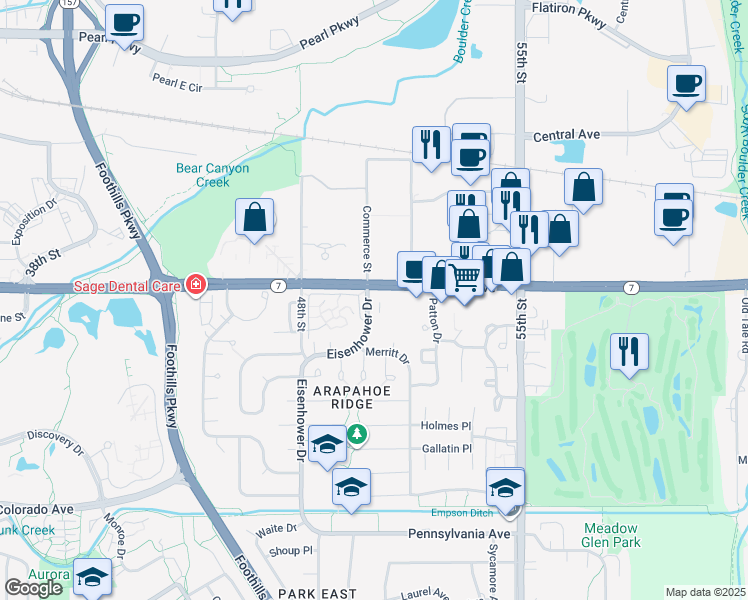 map of restaurants, bars, coffee shops, grocery stores, and more near 1590 Eisenhower Drive in Boulder